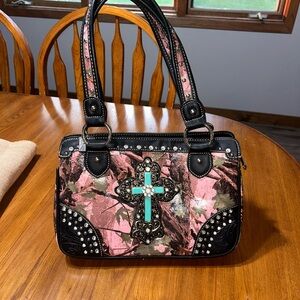 Pink Camo Studded Cross Accent Shoulder Bag